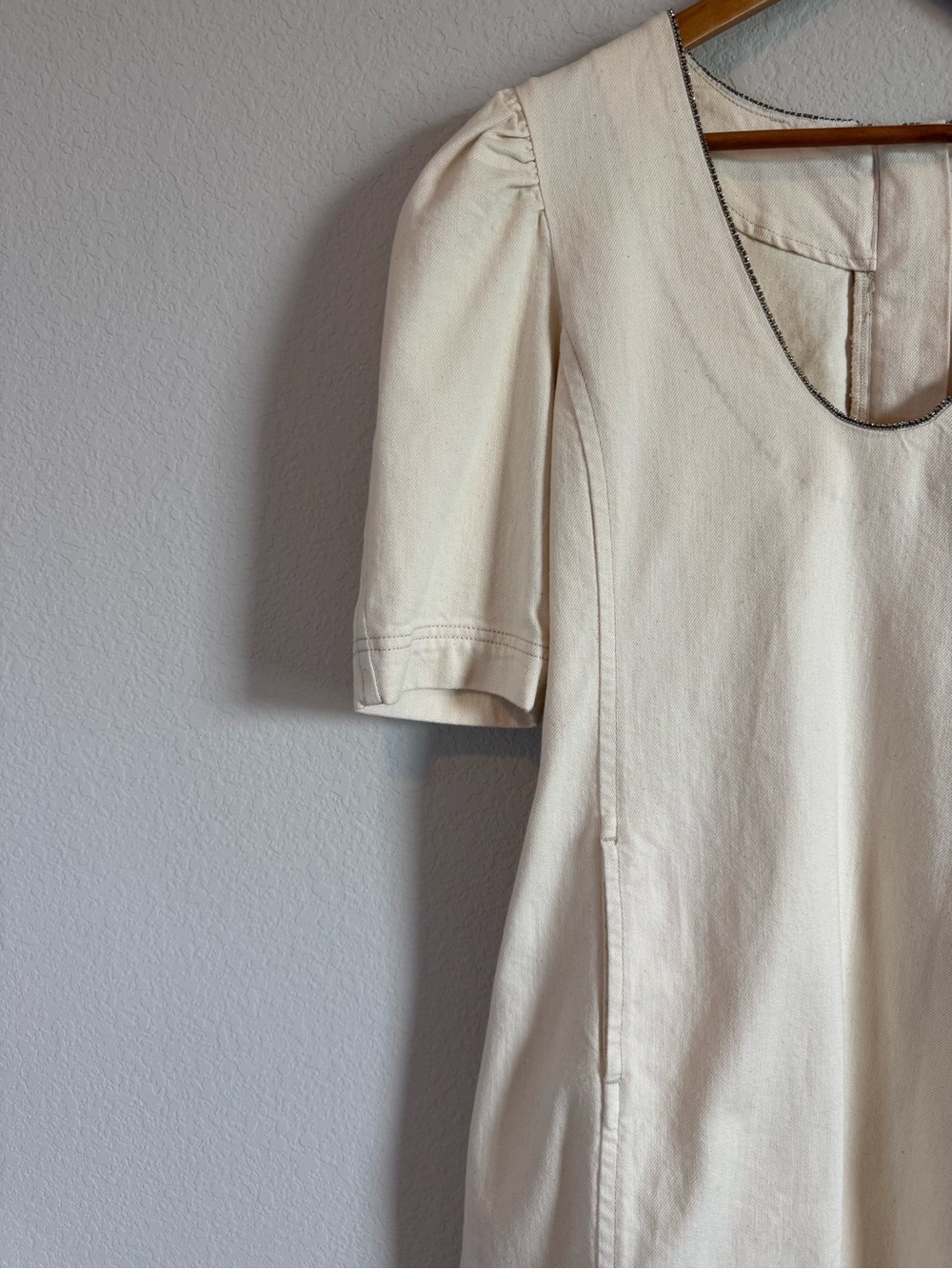 Something Navy Beige Spencer Denim Embellished Puff Sleeve Mini Dress Size M - Picture 3 of 10